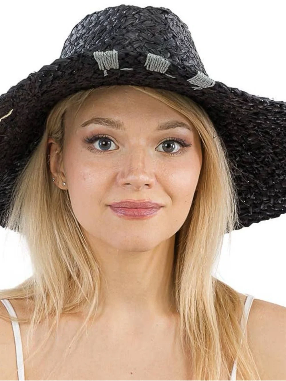 NWT Black Hat Sun raffia 100% paper hand Stitching‎ details OS rancher floppy
